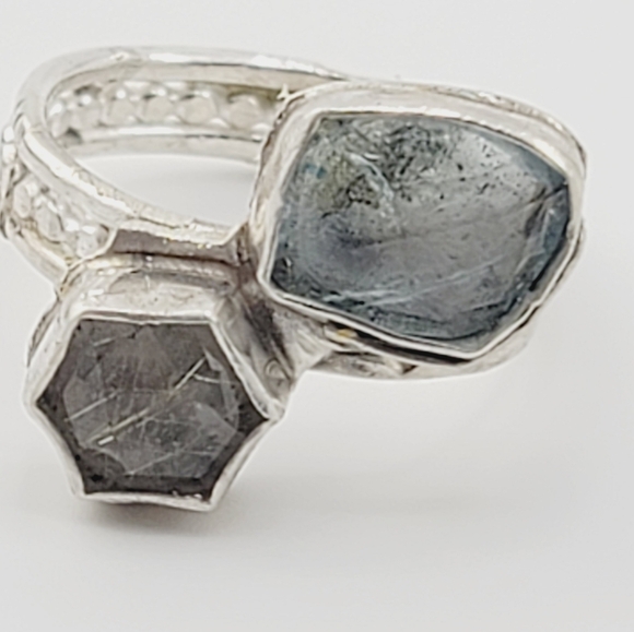 AQUAMARINE & RUTILATED QUARTZ DOUBLE RING HANDMADE IN STERLING SILVER SZ 6.5 - Picture 3 of 5